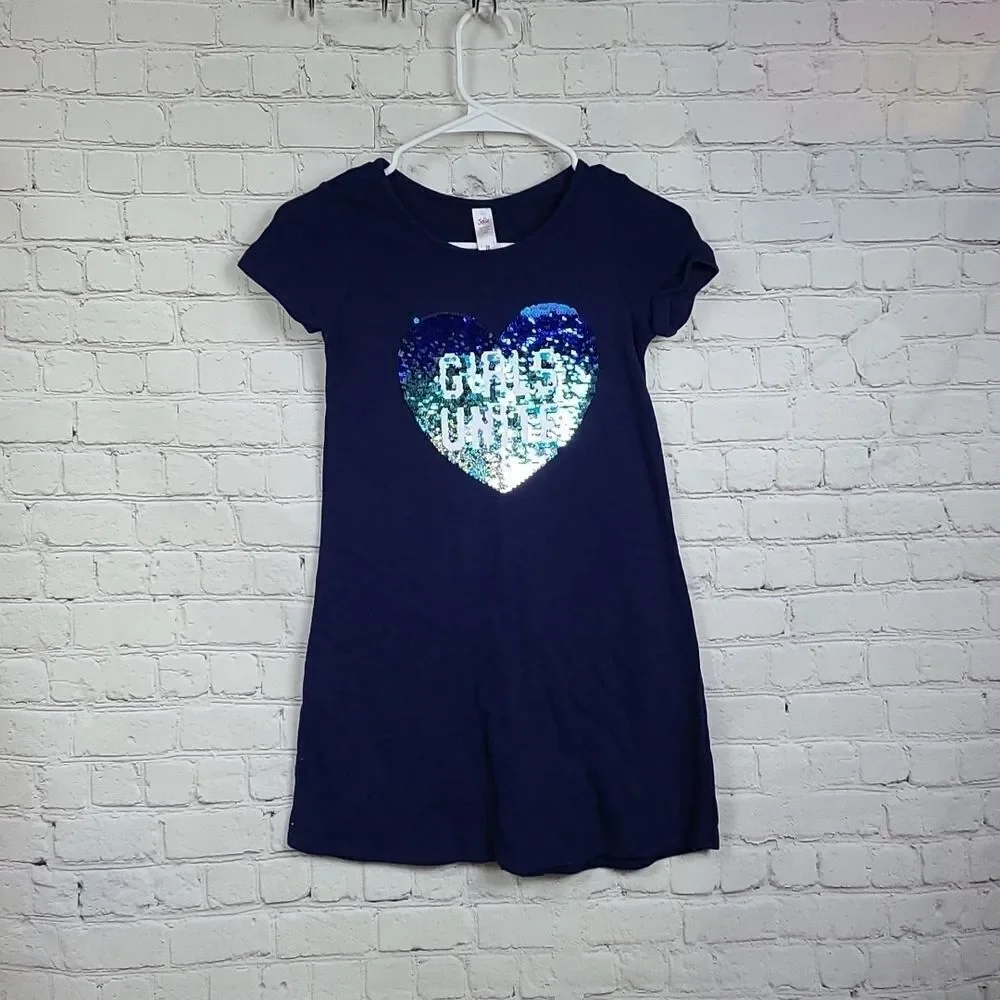 Justice Girls Flip Sequin Heart T-Shirt Dress Navy Blue 